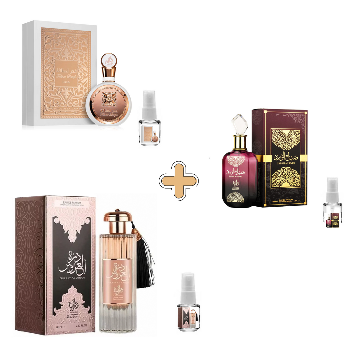 KIT 3 DECANTS PERFUMES ÁRABES FEMININO MAIS VENDIDOS SABAH AL WARD - FAKHAR LATAFFA - DURATT AL AROSS